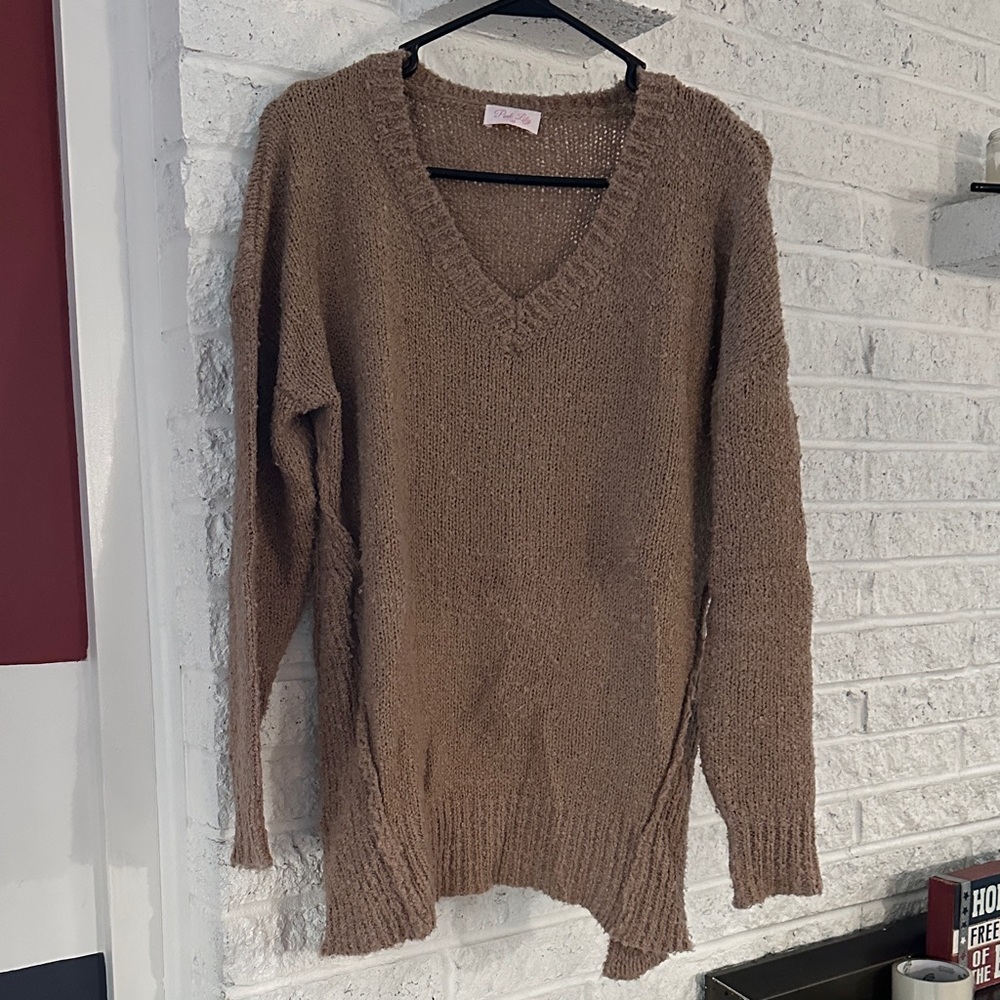 Pink Lily Warm Tan V-Neck Sweater